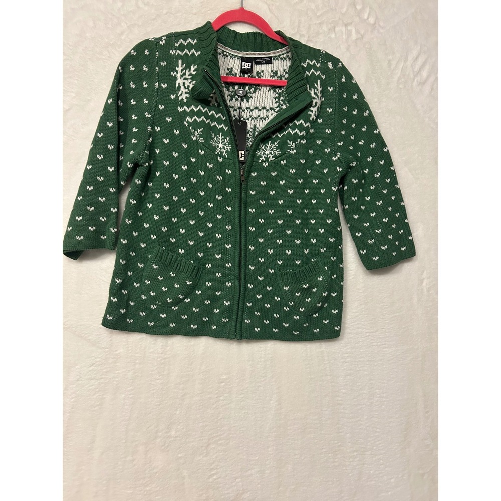 DC Shoes Womens Green Snowflake Fair Isle Full Zip Cardigan Sweater Large NWT‎